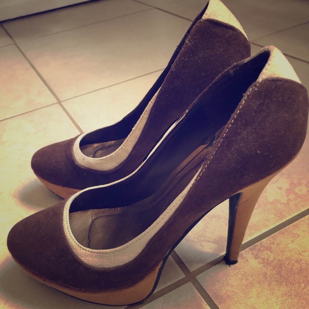 Brown and Tan Suede High Heels. Size 8.